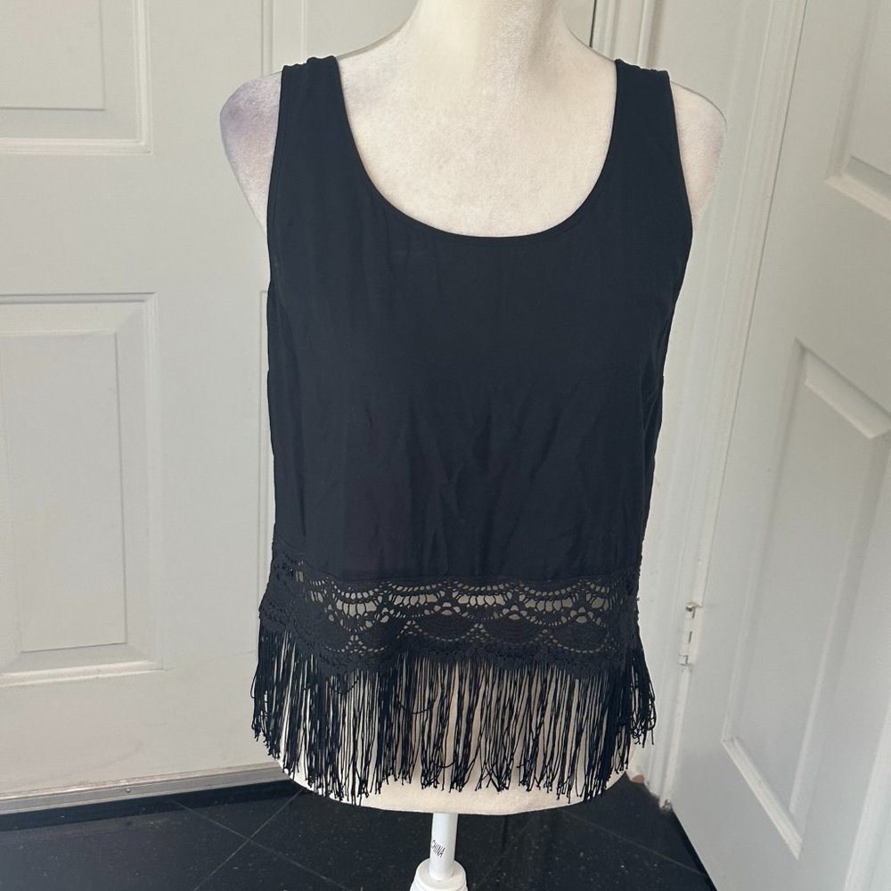 L’Amour Nanette Lepore Black Lace Fringe Tank Top Large Boho Night Out